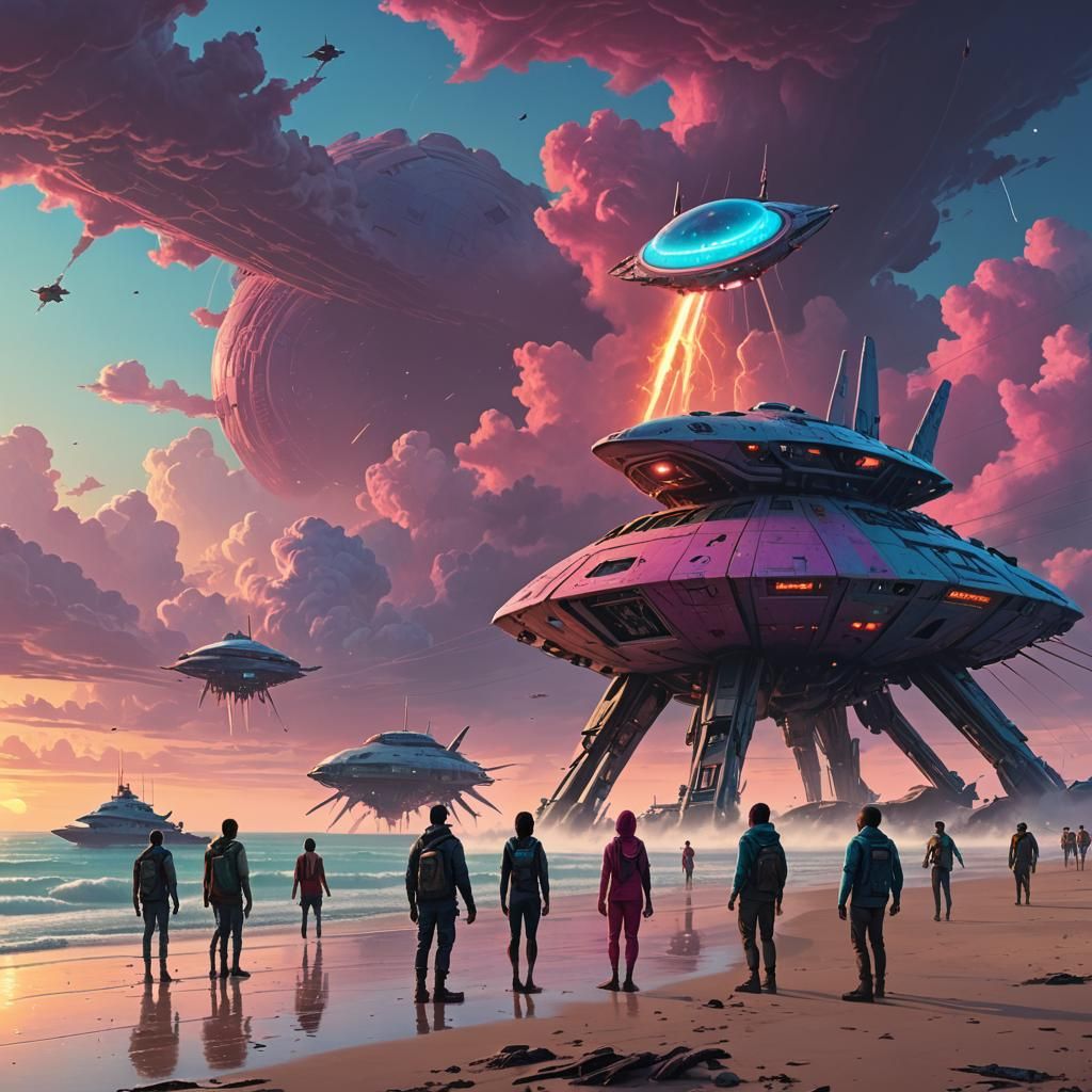 Aliens on Chennai Beach with Spaceship: Digital Painting