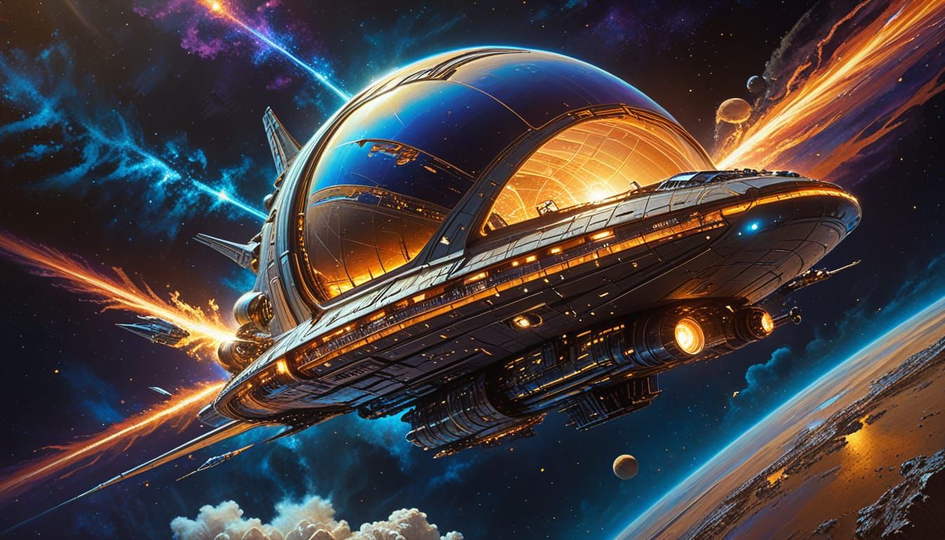 Interstellar Starship in Space: Art Nouveau Style