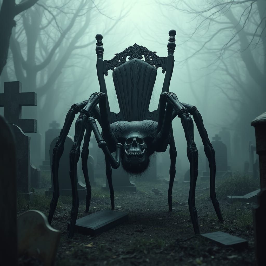 Surreal Spider-Chair Walks in Foggy Cemetery