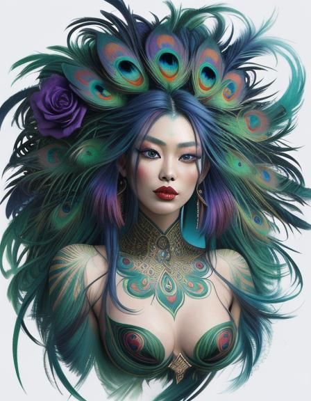 Rainbow Woman Portrait with Peacock Feathers