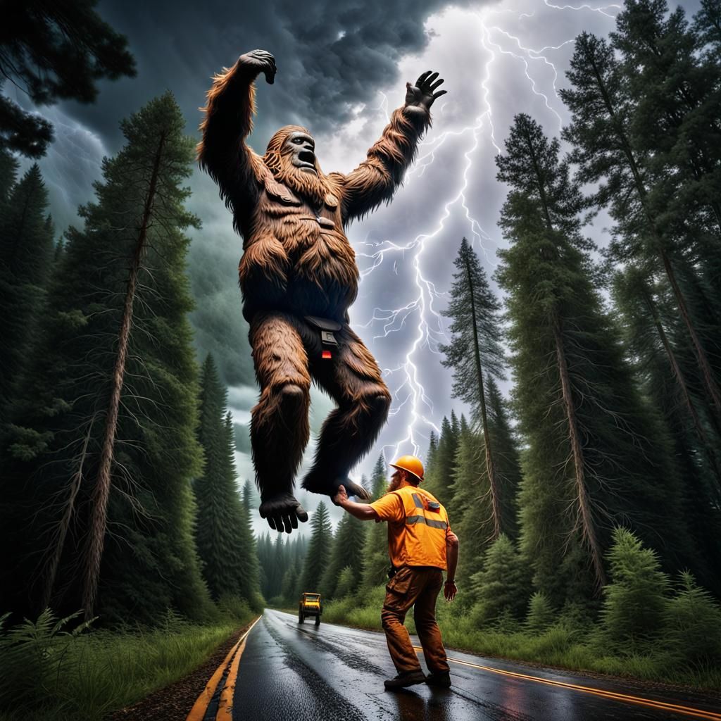 Cinematic Sasquatch in Forest Lightning Storm