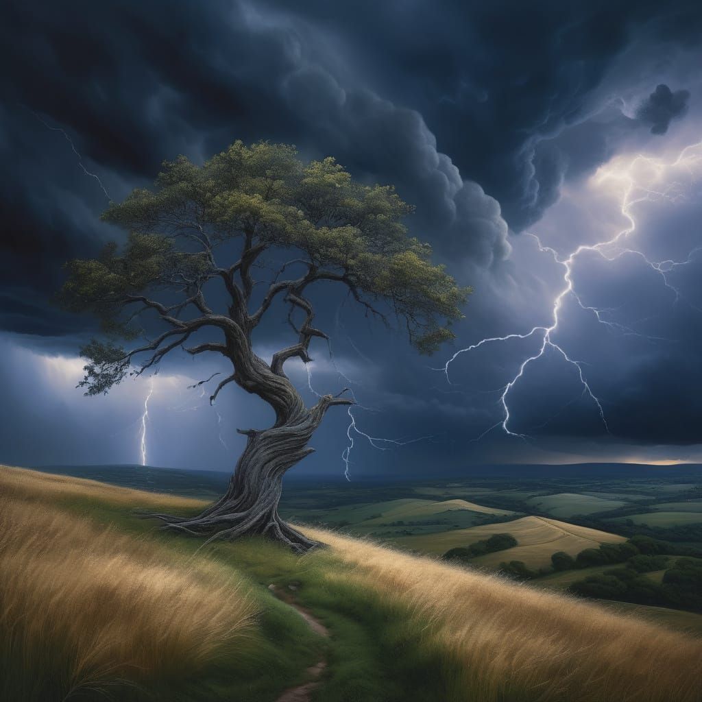 Stormy Landscape with Lone Tree in Oil Painting Style