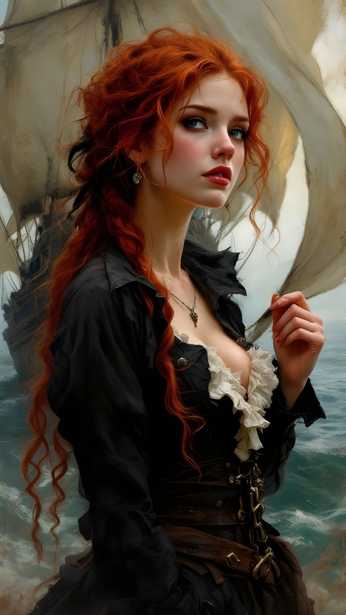 Romantic Pirate Lady Stands Before Majestic Ship in Oil Pain...