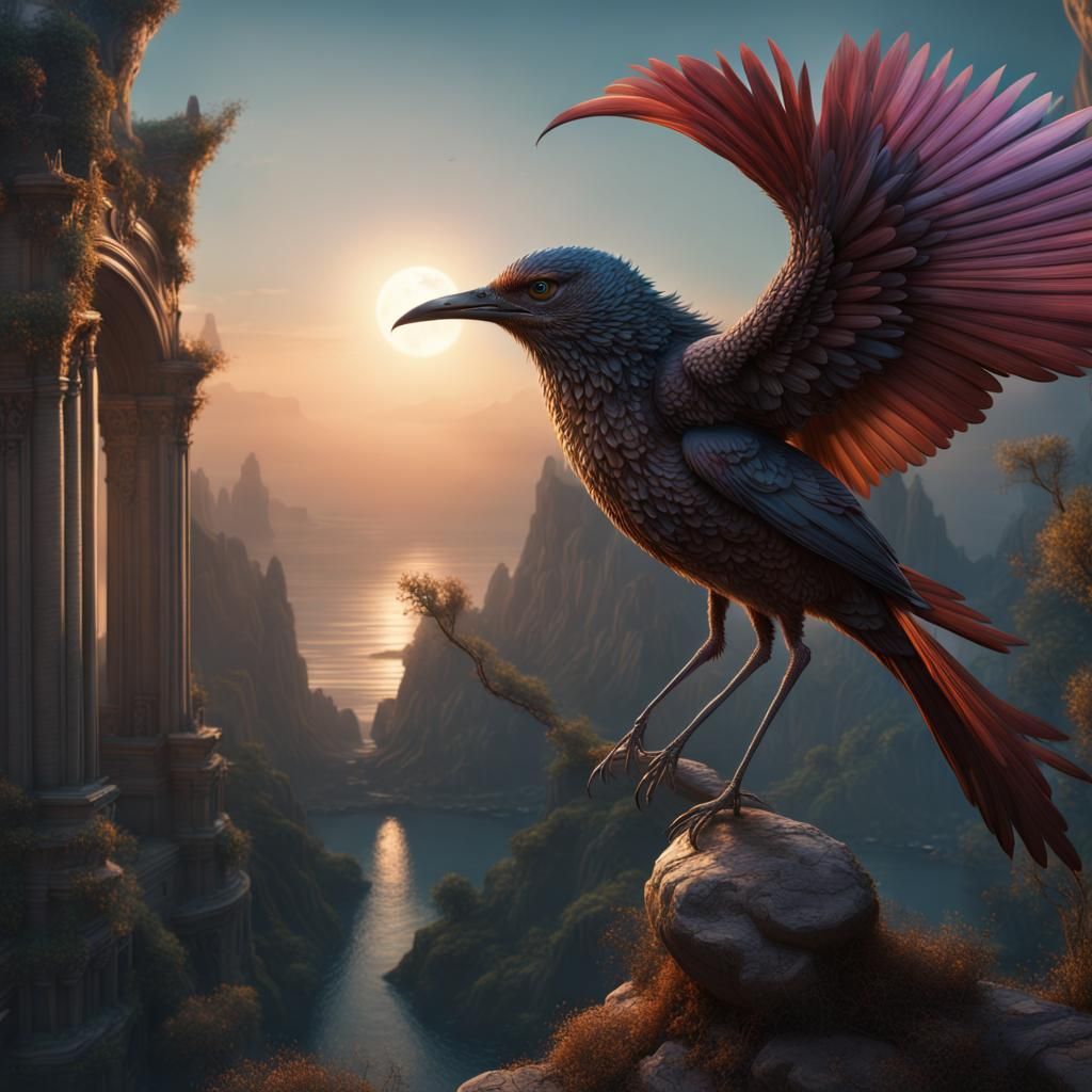 Fantastical Half Moon Half Sun Bird in Digital Painting