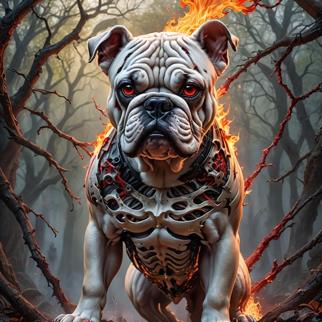 Fiery Skeletal Bulldog: Hyperrealistic Fantasy Art
