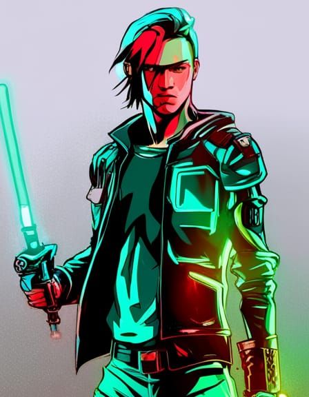 Cyberpunk Warrior with Lightsaber and Shield