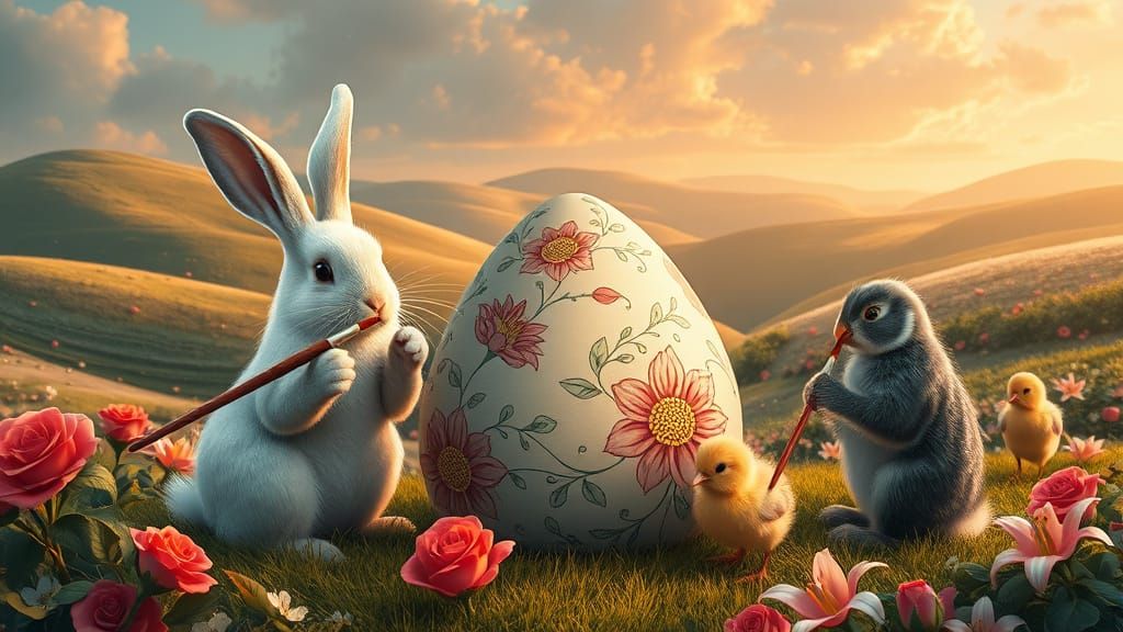 Easter Animals Painting Eggs in Fairytale Landscape