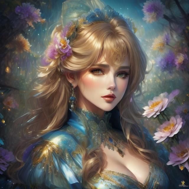 Beautiful Girl in a Flower Garden: Maximalist Art