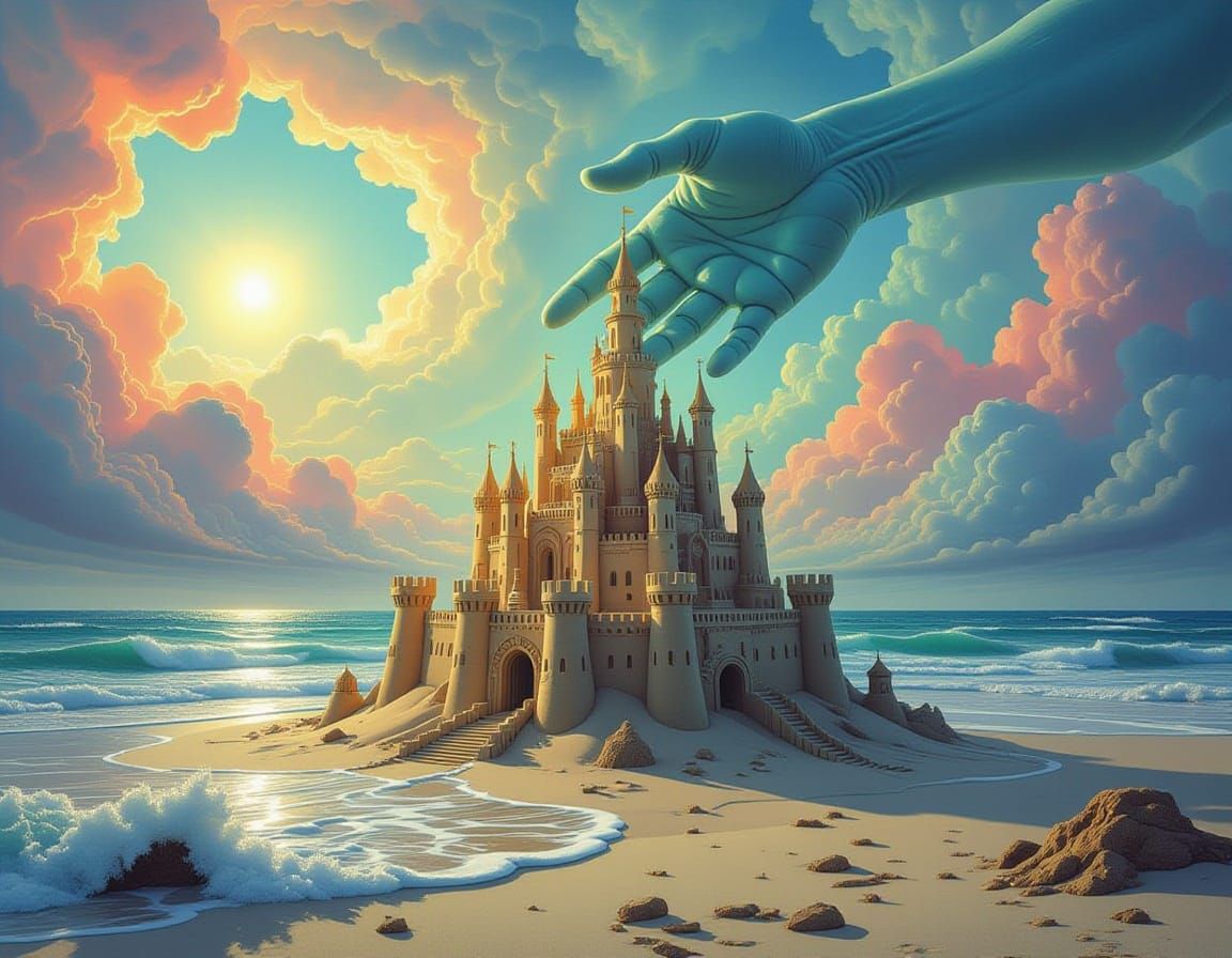 Surreal Sandcastle and Ghostly Hand in Fluorescent Clouds