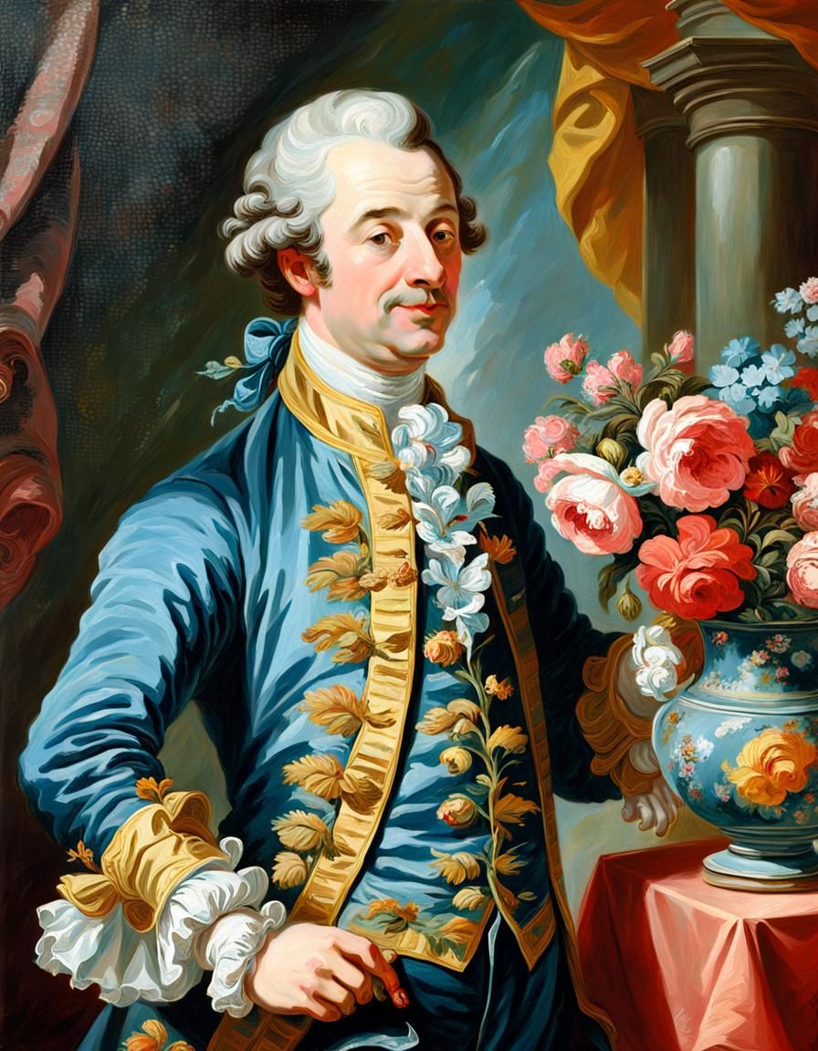 Elegant Rococo Aristocrat Smelling Flowers Portrait