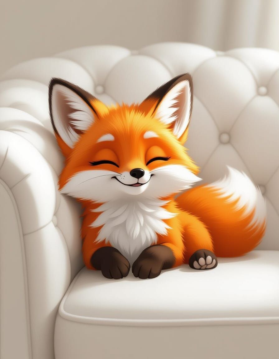 Cartoon Red Fox Lounging Comfortably on Sofa
