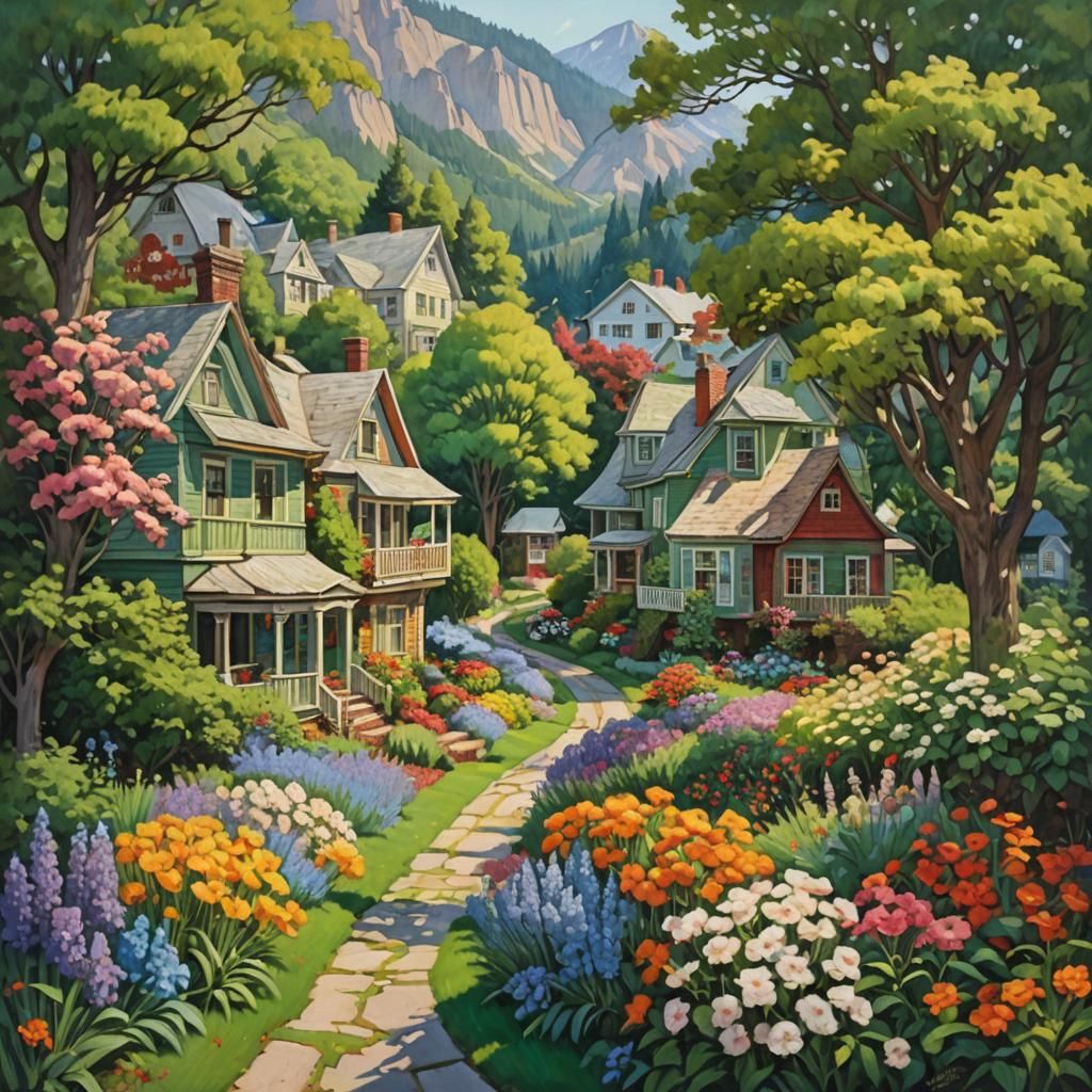 Idyllic USA Street Scene Inspired by Oil Painting