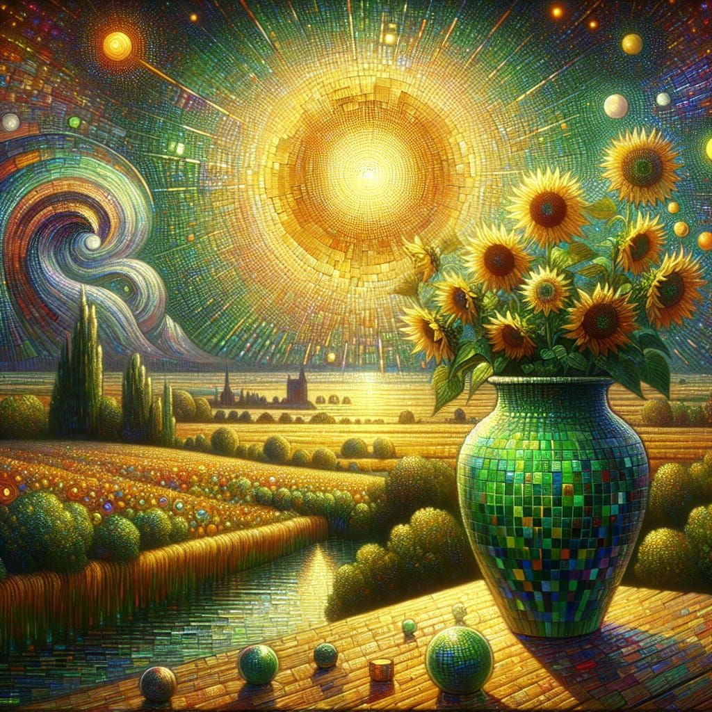 Sunflowers in Green Vase, Impressionistic Style