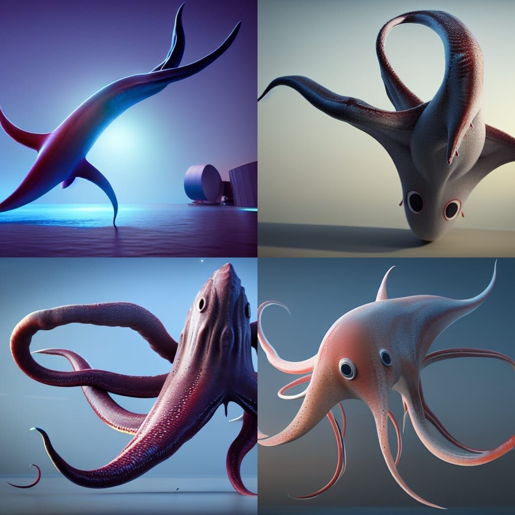 Giant Squids Dance Near Whale in 3D Shading