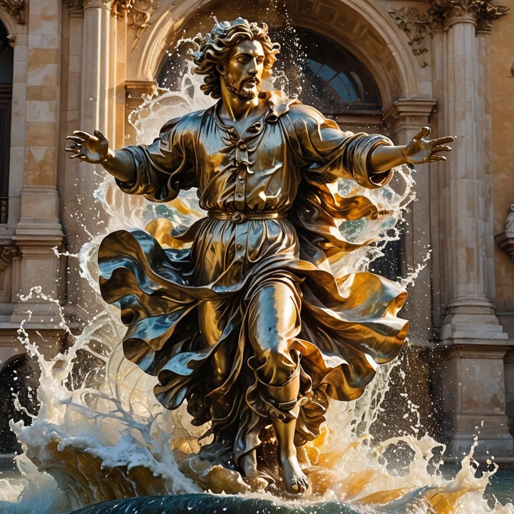 A whirlwind of water splashing around a statue