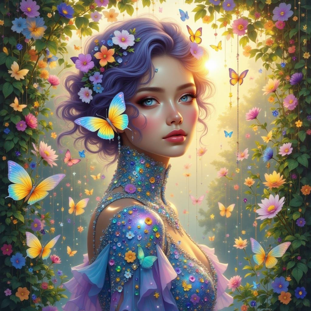 Regal Woman with Iridescent Hair in Sun-Dappled Clearing