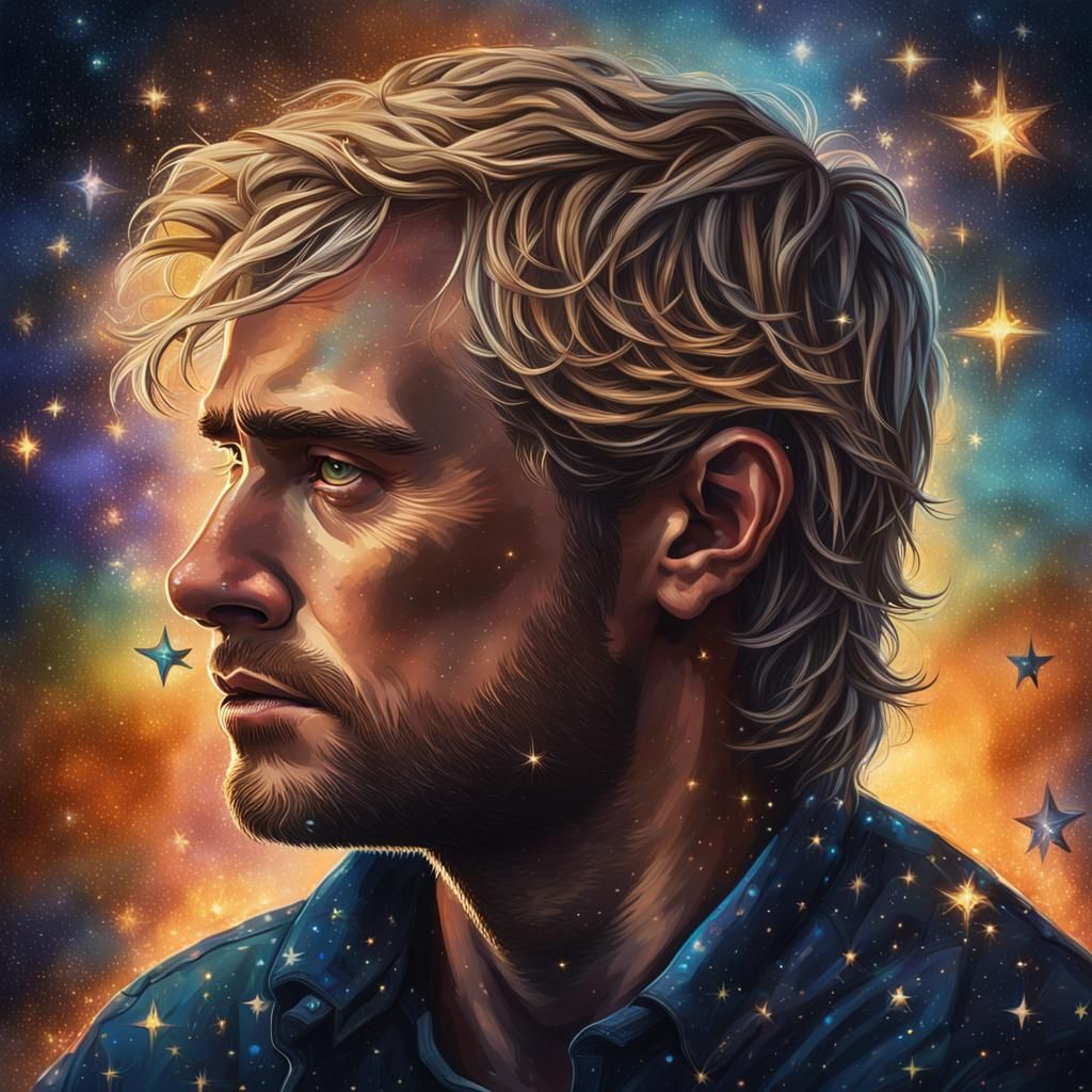 Starry Sky Portrait: Hyperrealistic Man in Thought
