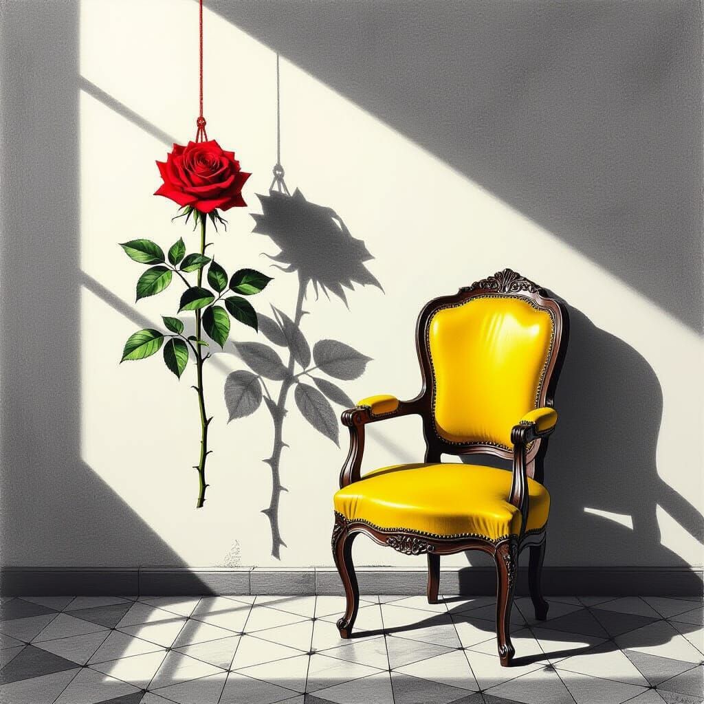Surreal Monochrome Rose and Chair Drawing