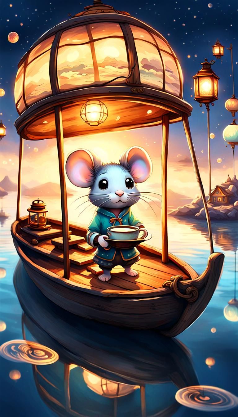 Chibi Mouse on the Open Sea at Dusk