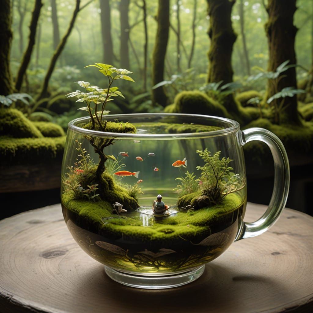 Old Man Enjoys Serene Fishing Scene in Whimsical Teacup Wond...