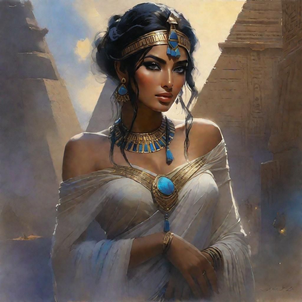 Beautiful Egyptian Woman in Moonlight: Watercolor Style