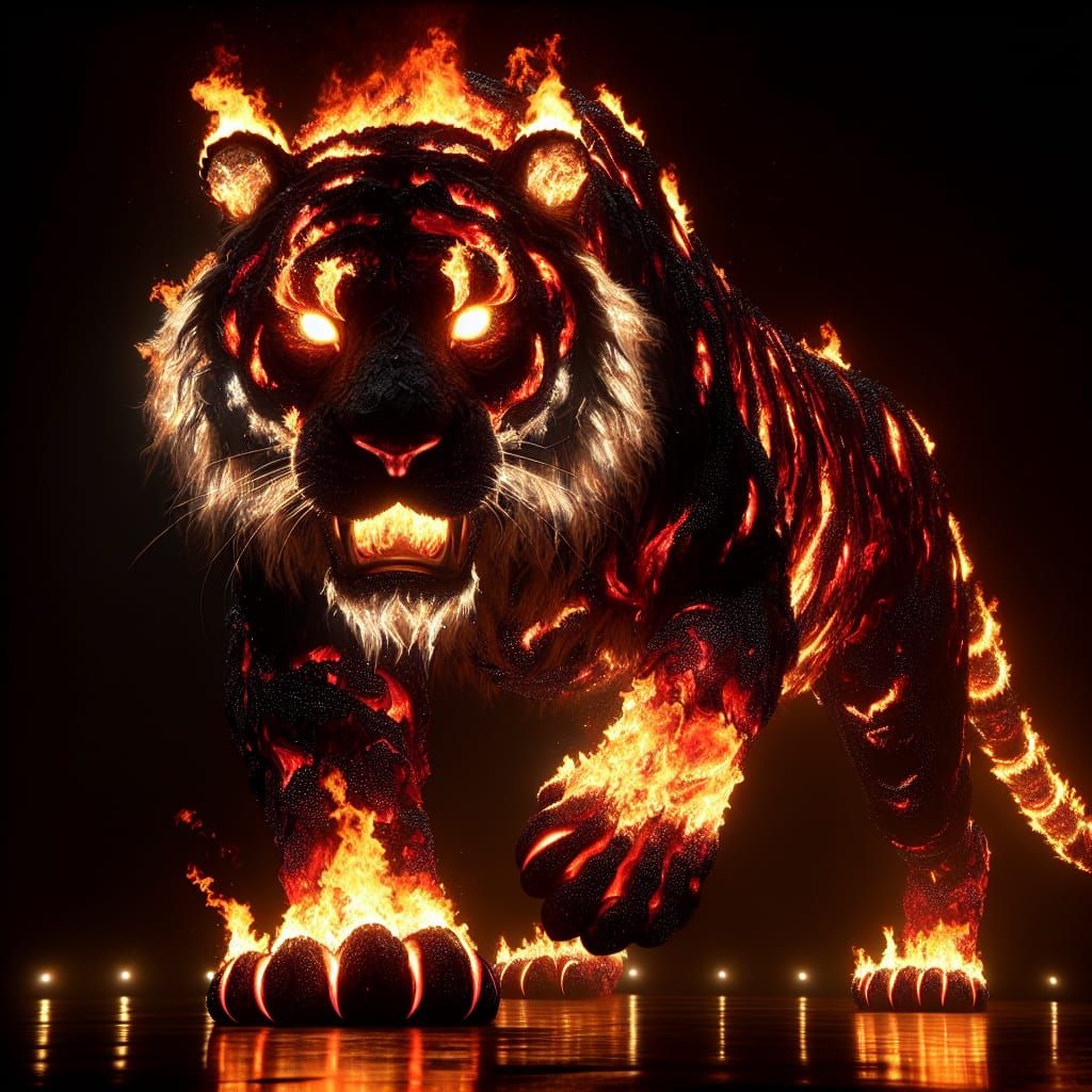 Fiery Tiger of Flames Striding in Darkness