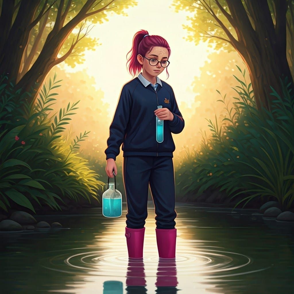 Girl Scientist Collecting River Samples: Dreamy Digital Art