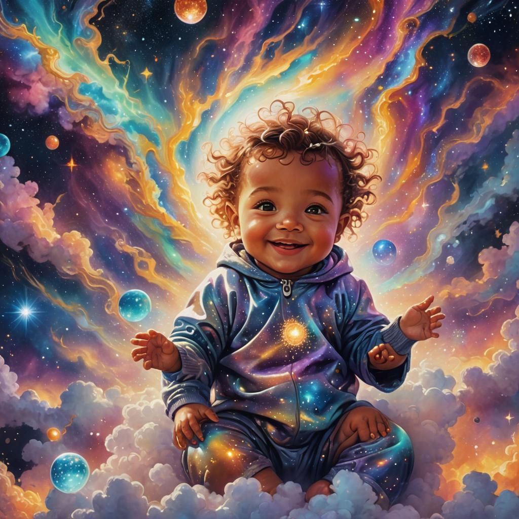 Cosmic Baby Portrait in Holographic Astral Style