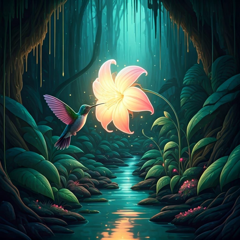 Iridescent Hummingbird in Bioluminescent Enchanted Forest