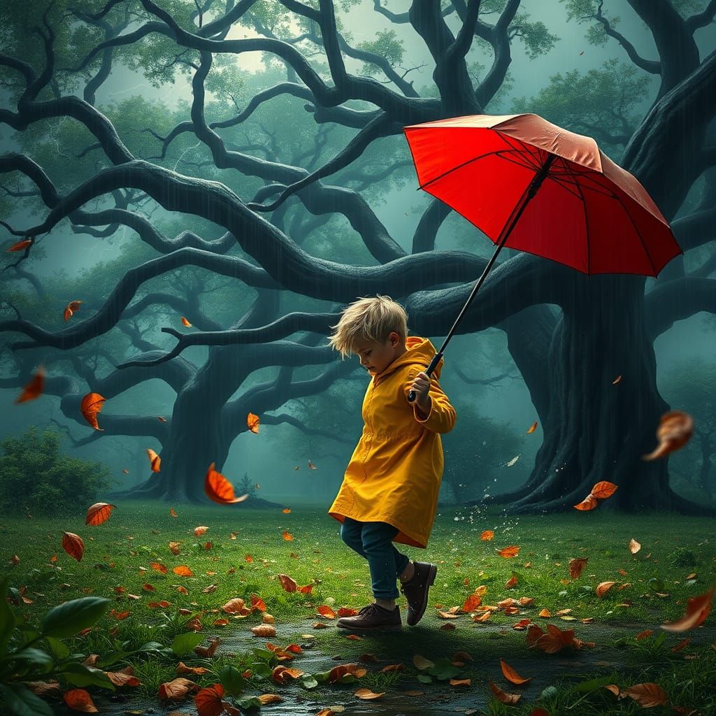 Boy with Umbrella in Stormy Park, Matte Painting Style