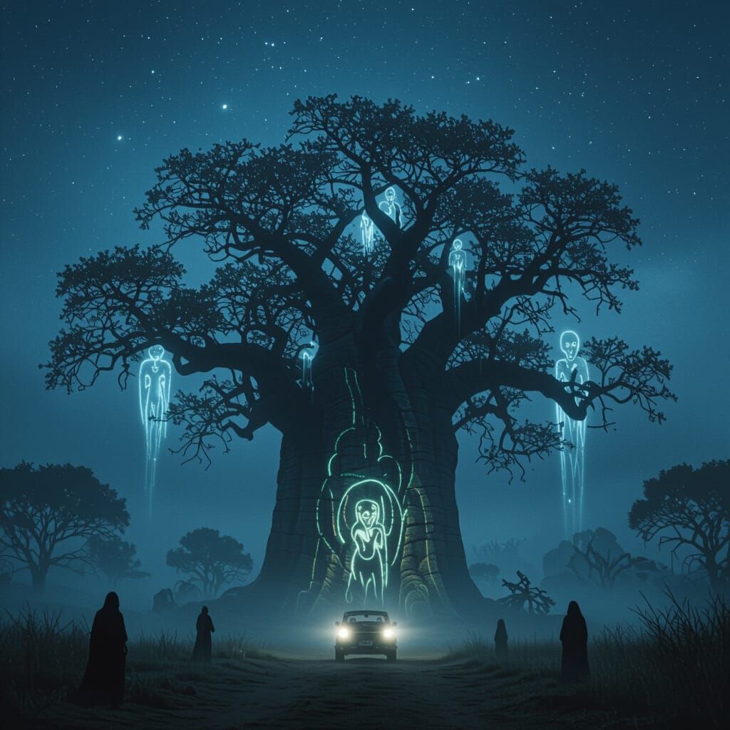 Ethereal Baobab Tree Under Midnight Sky