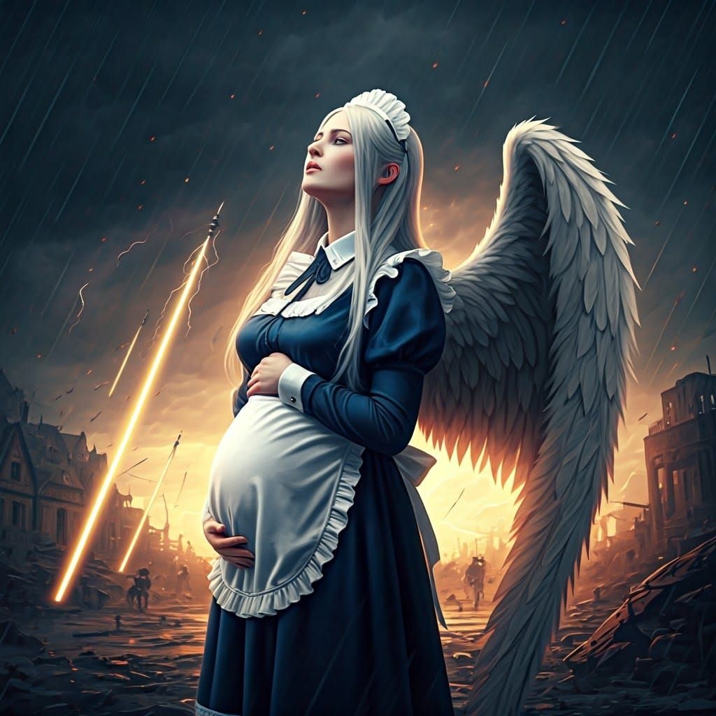 Ultrarealistic Angel in War-Torn Landscape