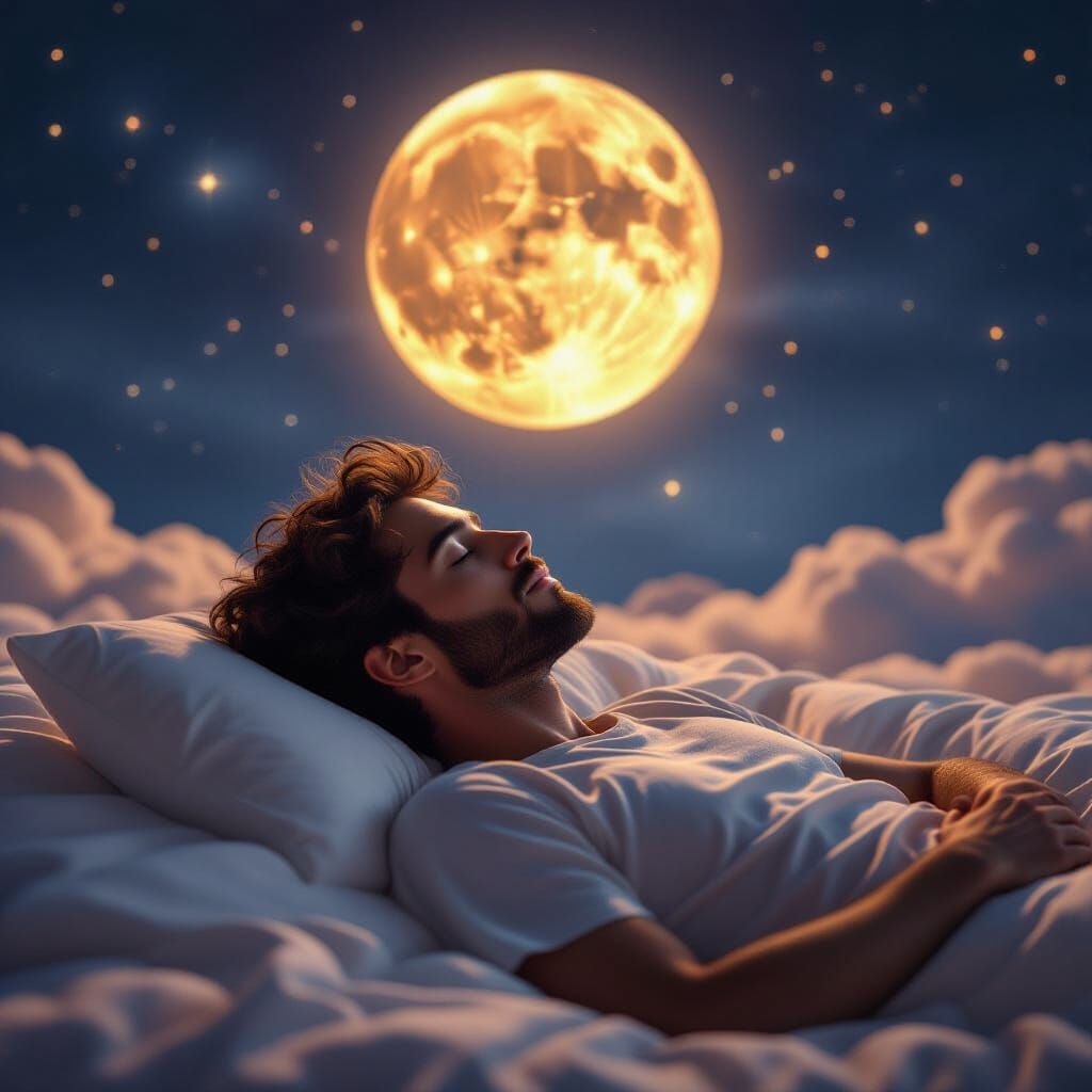 Man Finds Peace in Cosmic Dream Under Full Moon