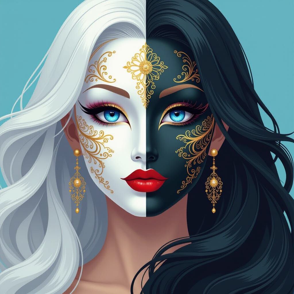 Ornate Mask with Gold Designs in Pop Art Style