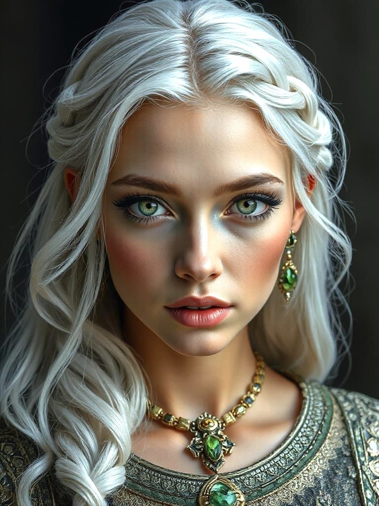 Regal Ice Queen with Emerald Eyes and Braided Silver Hair