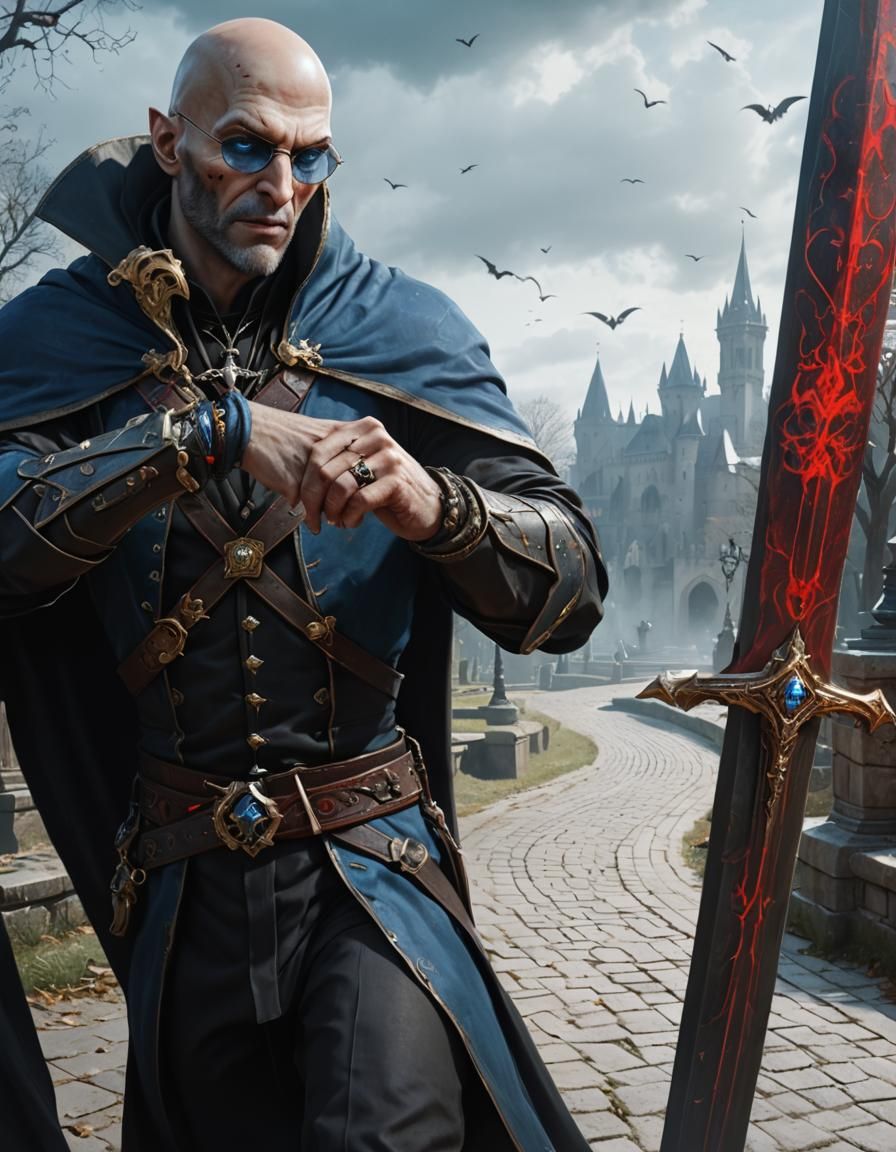 Bald Vampire with Flying Sword, Detailed Digital Art