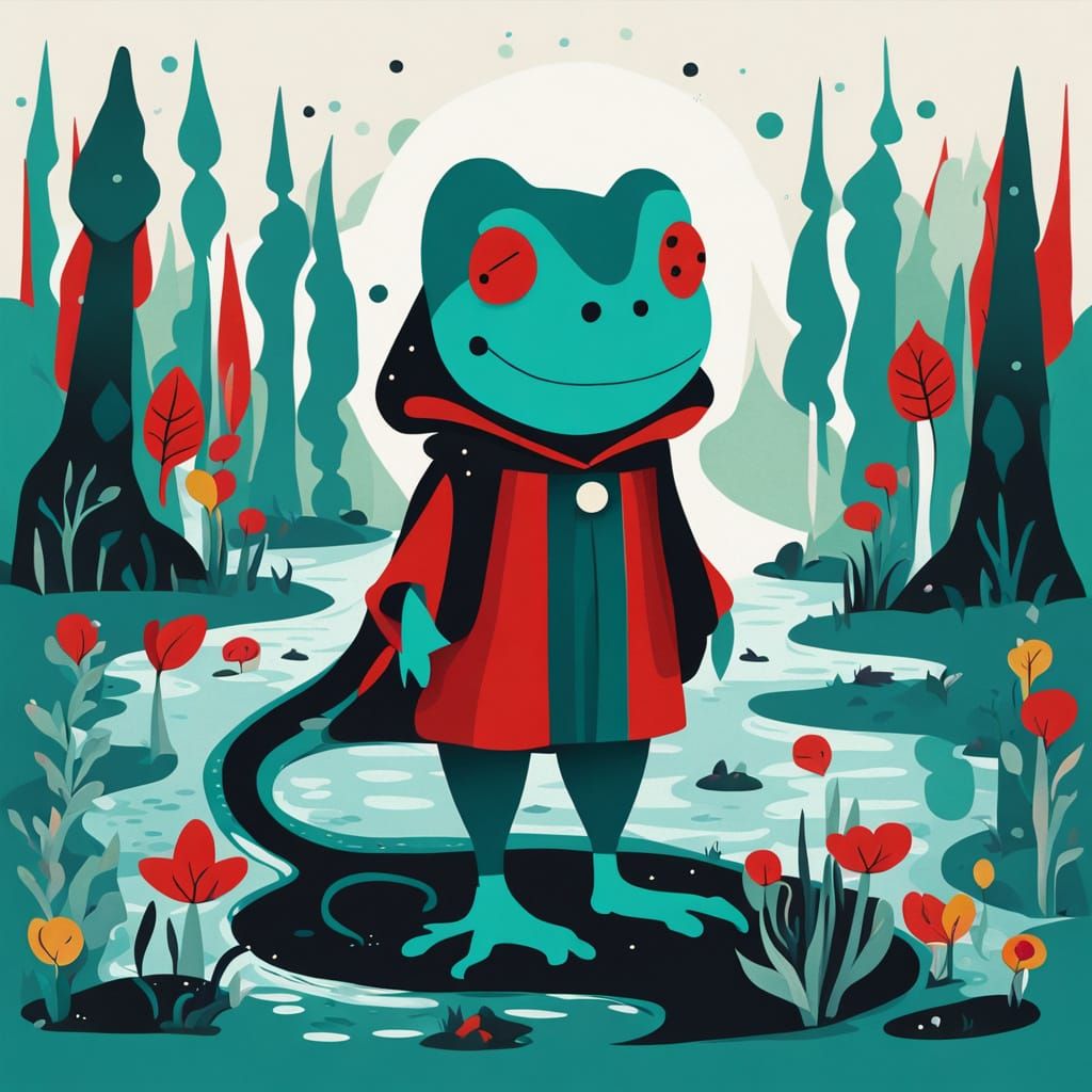 Enchanted Swamp Frog with Teal Hair and White Snake