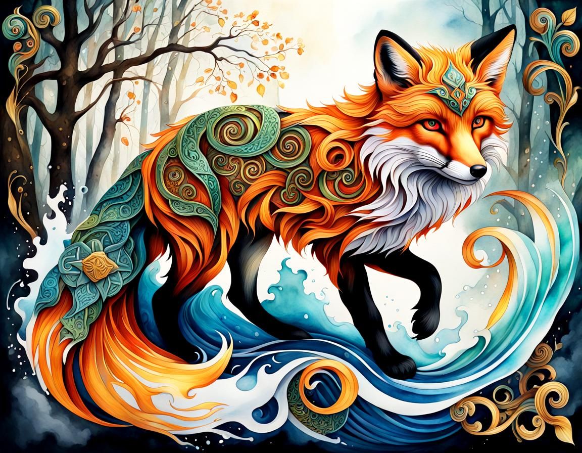 Celtic Fox in Earthquake Forest: Nouveau Vague Illustration