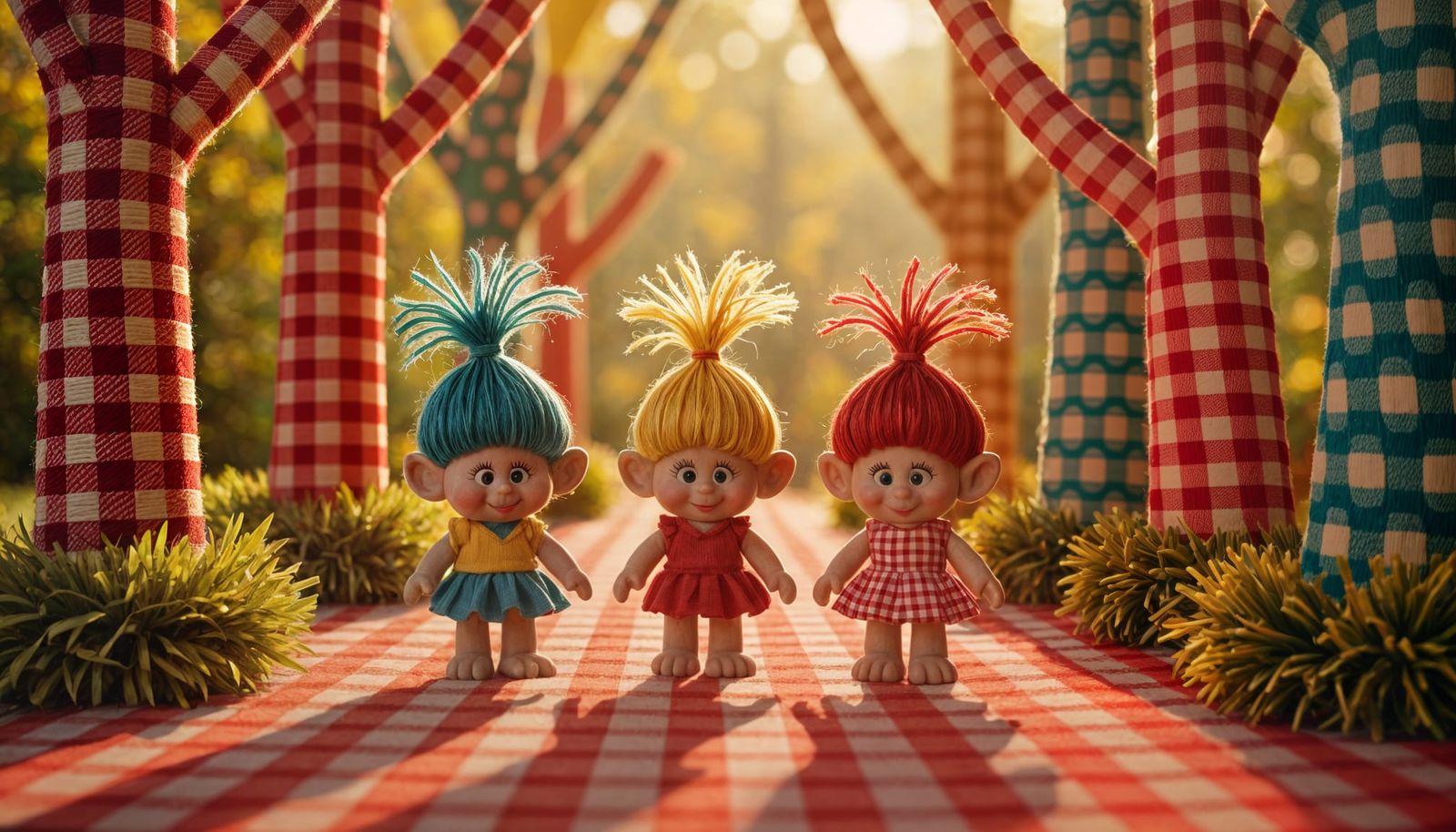 1960s Troll Dolls in a Whimsical Yarn Forest