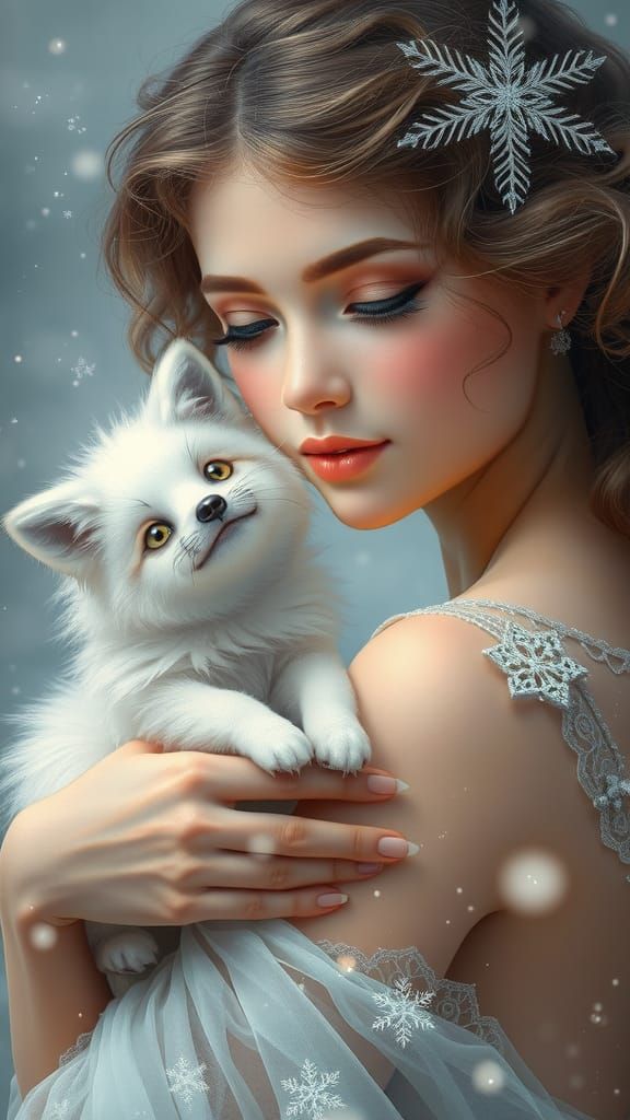 Enchanting Woman with Snow Fox in Dreamy Style