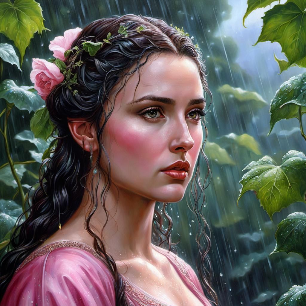 Woman in Pink Dress After Rain, Pre-Raphaelite Painting