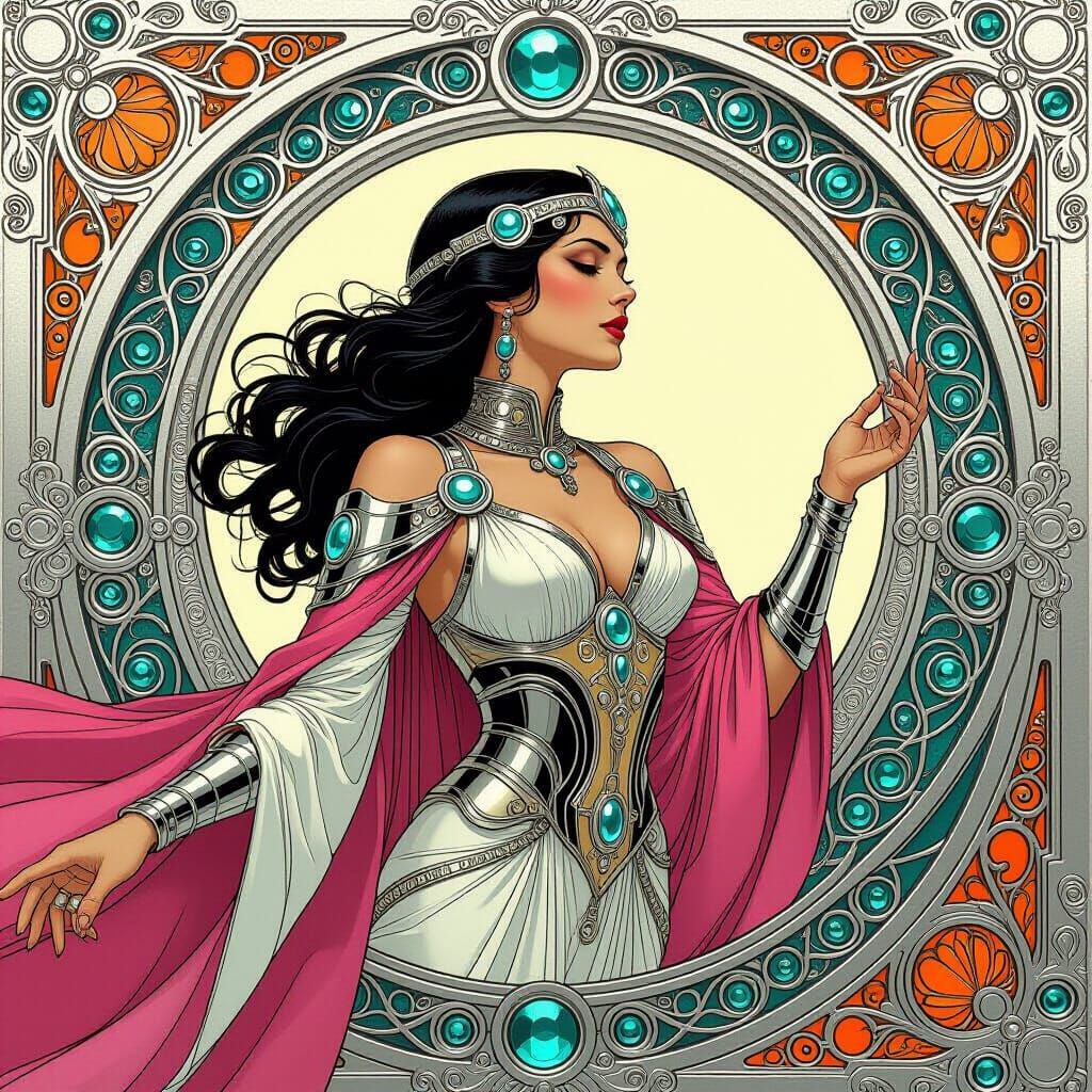 Futuristic Woman in Art Nouveau Silver Frame