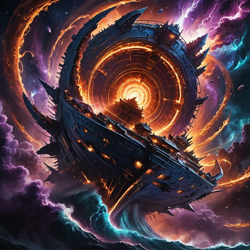 Mystical Destroyer Ship Emerges from Space Vortex