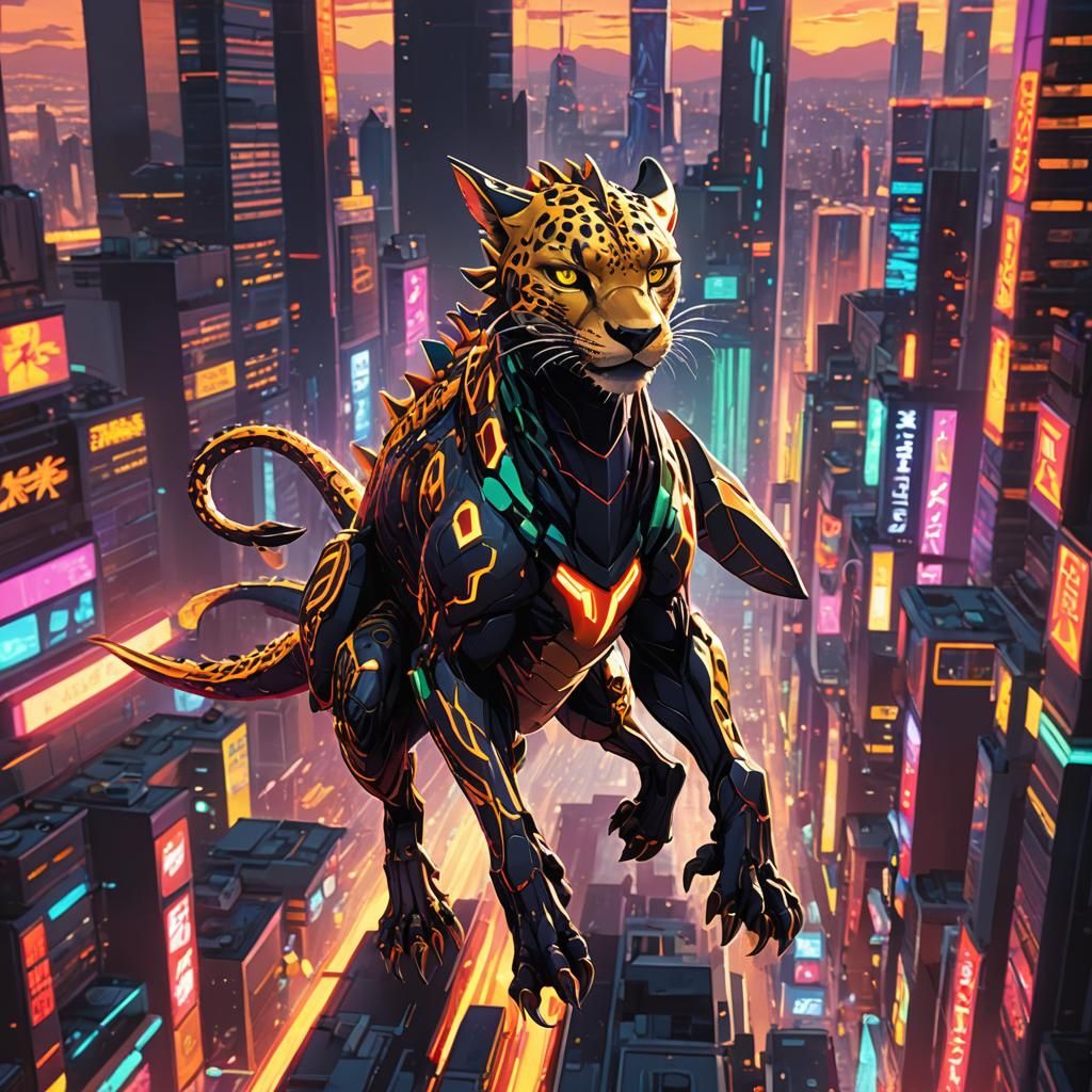 Dragon Cheetah Runs Through Neon Cityscape