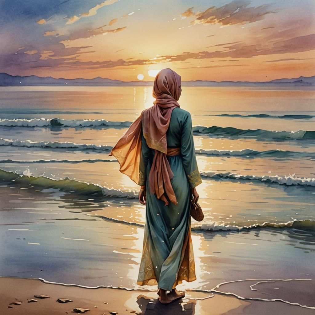 Serene Seaside Sunset: Young Woman in Watercolor