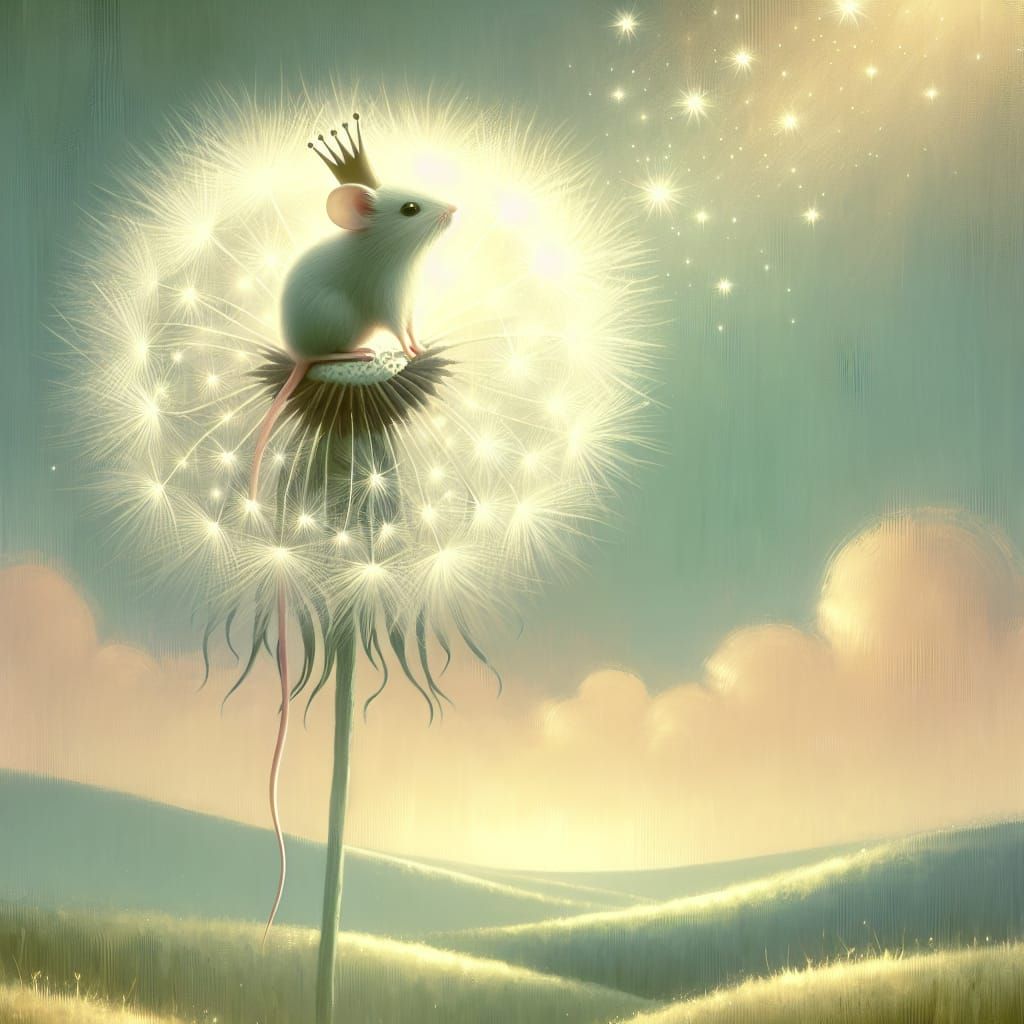 Whimsical Mouse King on Dandelion in Pastel Sky