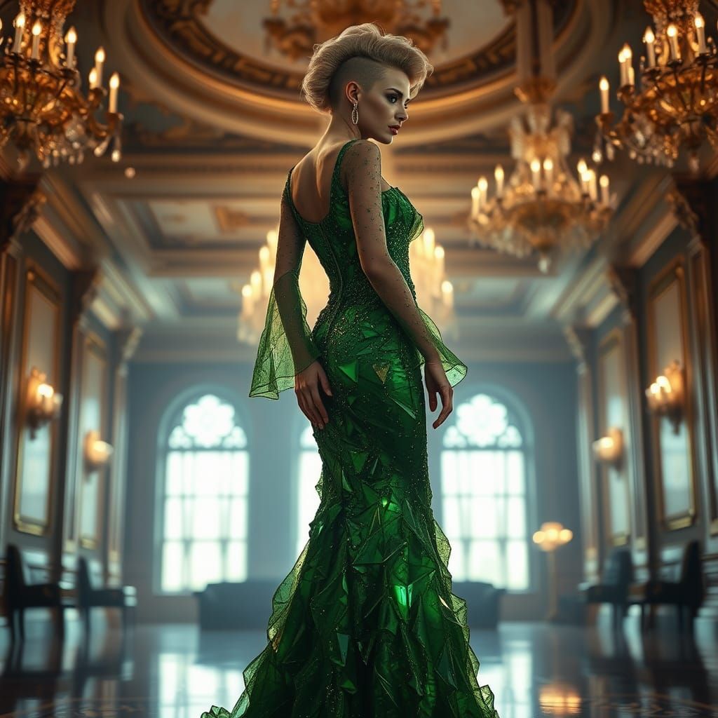 Crystalline Gown in Opulent Ballroom, HDR Image