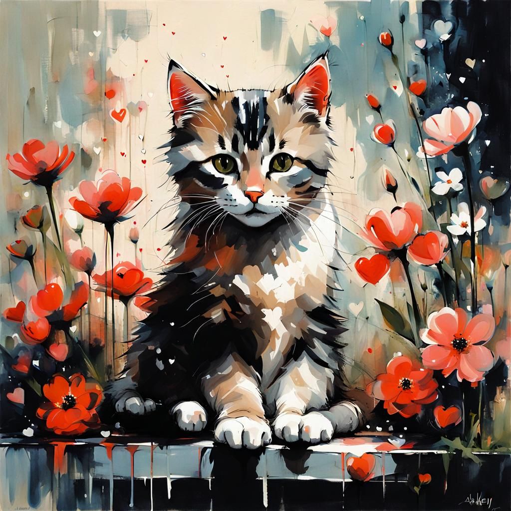 Cat Surrounded by Flowers in Comic Book Style