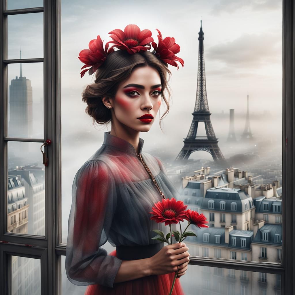 Whimsical Woman with Flower, Foggy Cityscape
