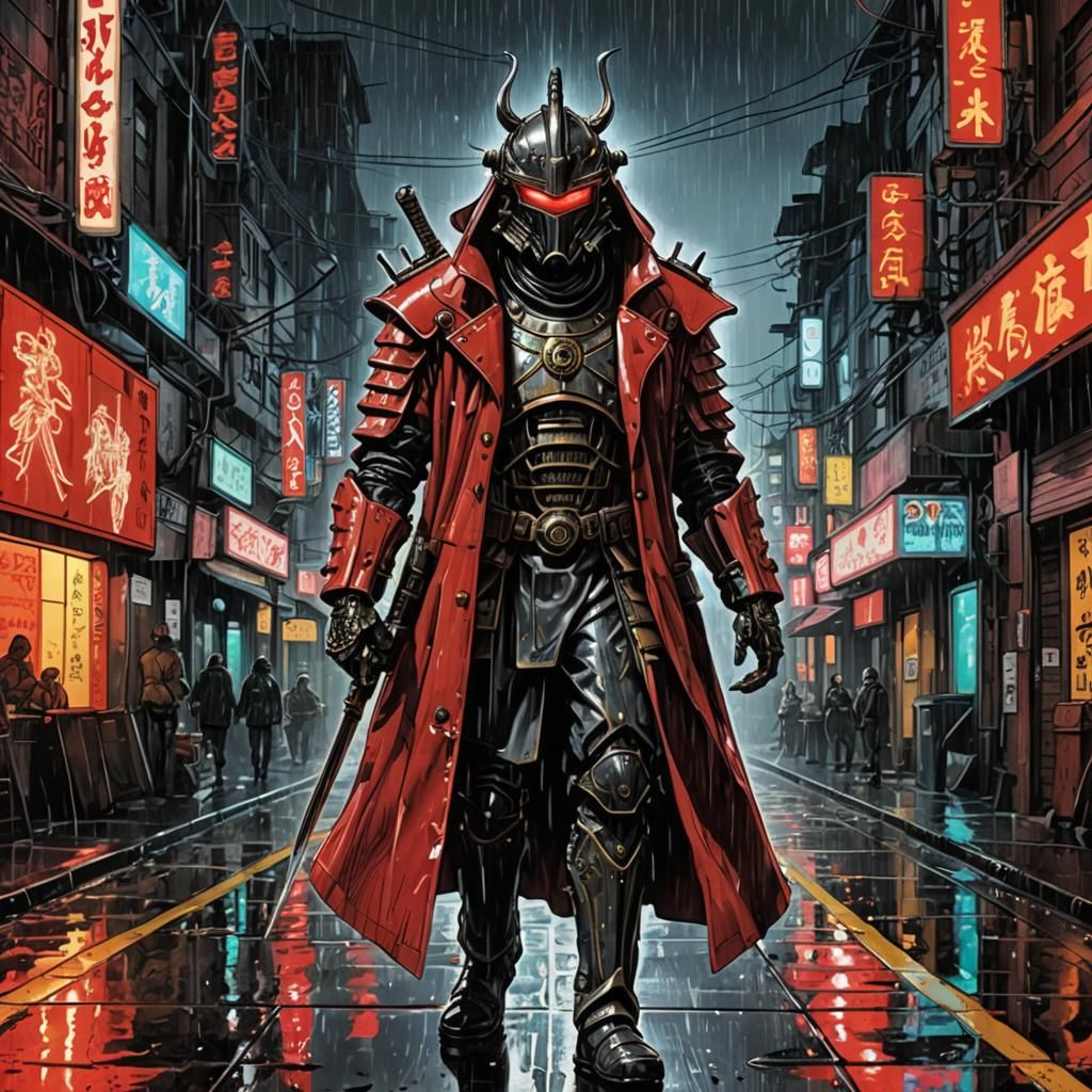 Cyborg Samurai Knight in Neon City, Biopunk Style